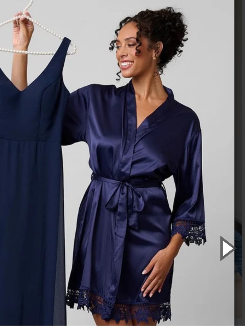 Kennedy Blue Navy Satin Lace-Trim Robe